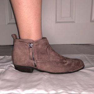 muted-brown suede zip-up low-ankle heeled boots